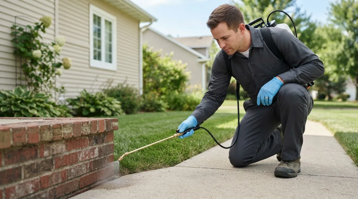 Pest control technician treating a home near Frewsburg, NY